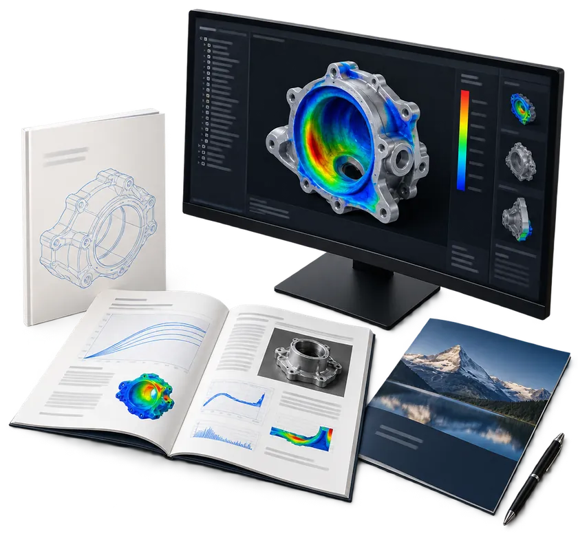 Poste de travail OoWare : simulation par éléments finis d’une pièce mécanique à l’écran, rapport d’étude imprimé ouvert sur ses graphiques et brochure de communication.